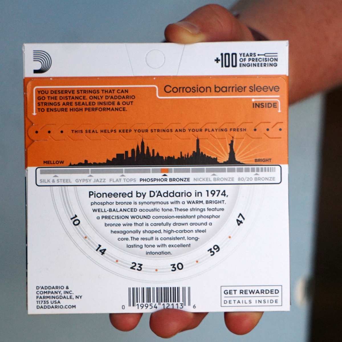 Rear view of D'Addario EJ15 Phosphor Bronze acoustic guitar strings packaging