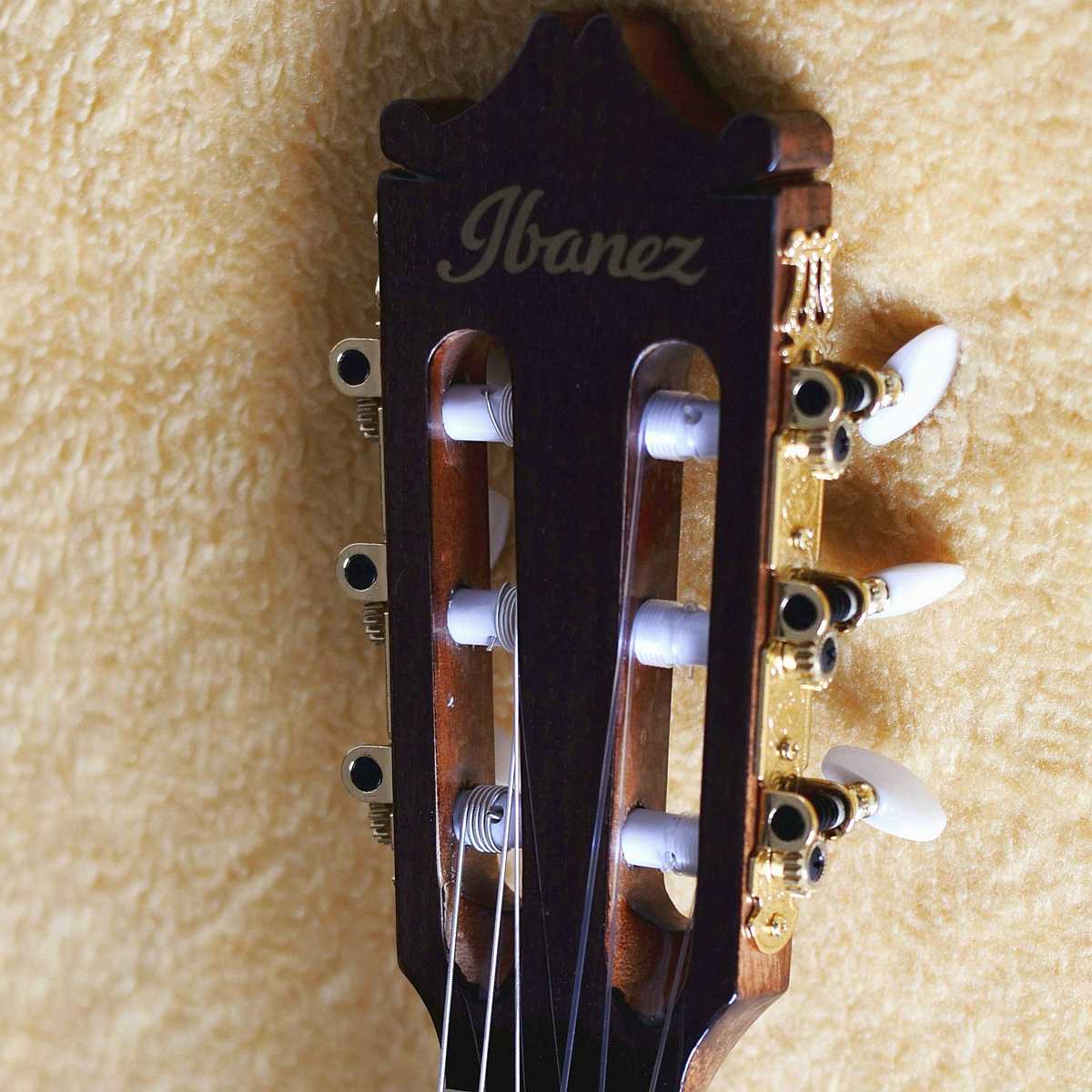 A close-up view of the Headstock of the Ibanez GA6CE nylon string guitar
