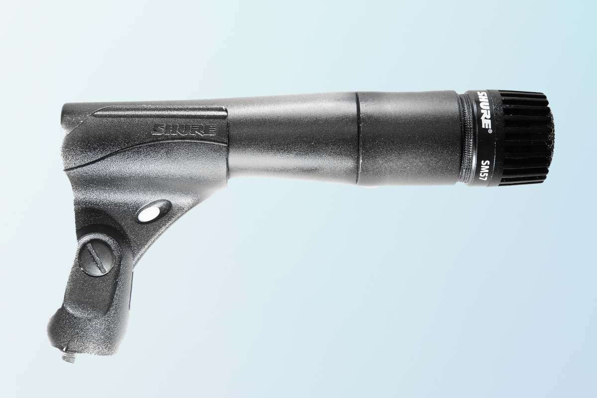 Close-up image of the Shure SM57 microphone with a Shure microphone clip