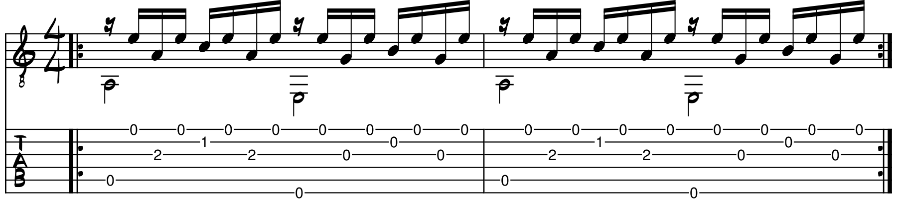 Tablature for the fingerstyle arpeggio exercise Release and catch