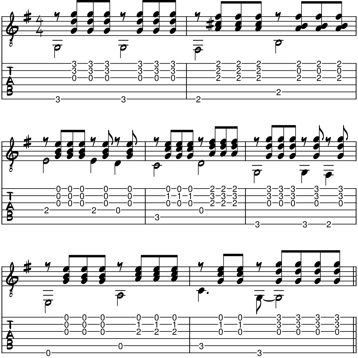 The guitar tablature and score to the verse for Yesterday by Paul McCartney